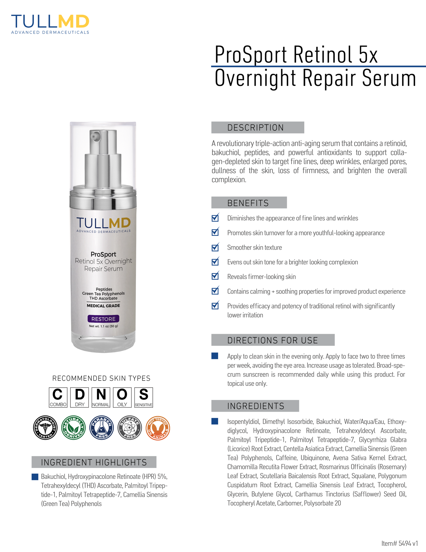 ProSport Retinol 5x Overnight Repair Serum fact sheet