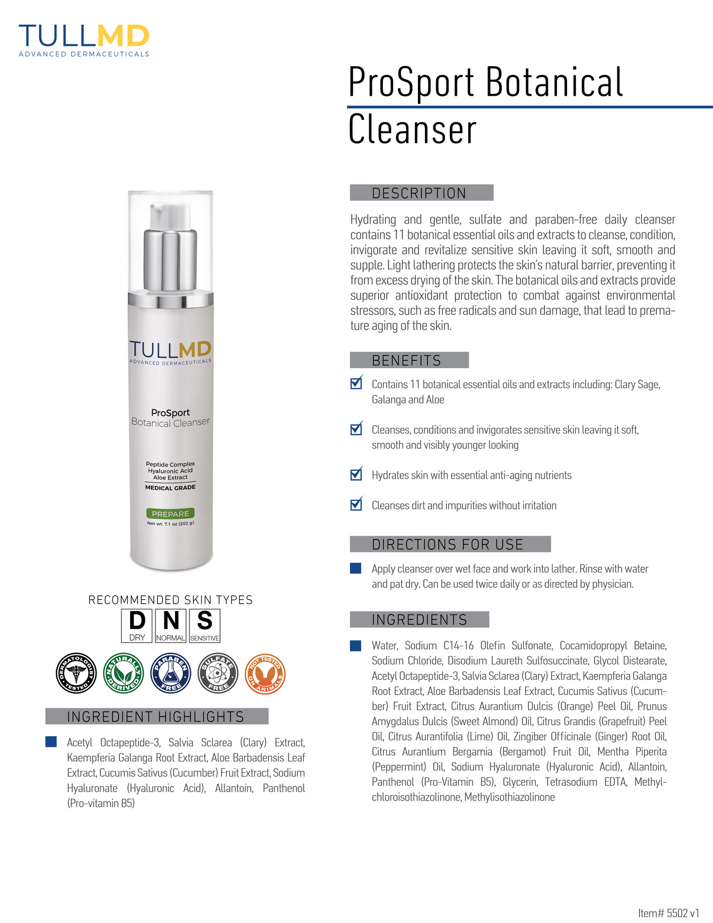 ProSport Botanical Cleanser fact sheet