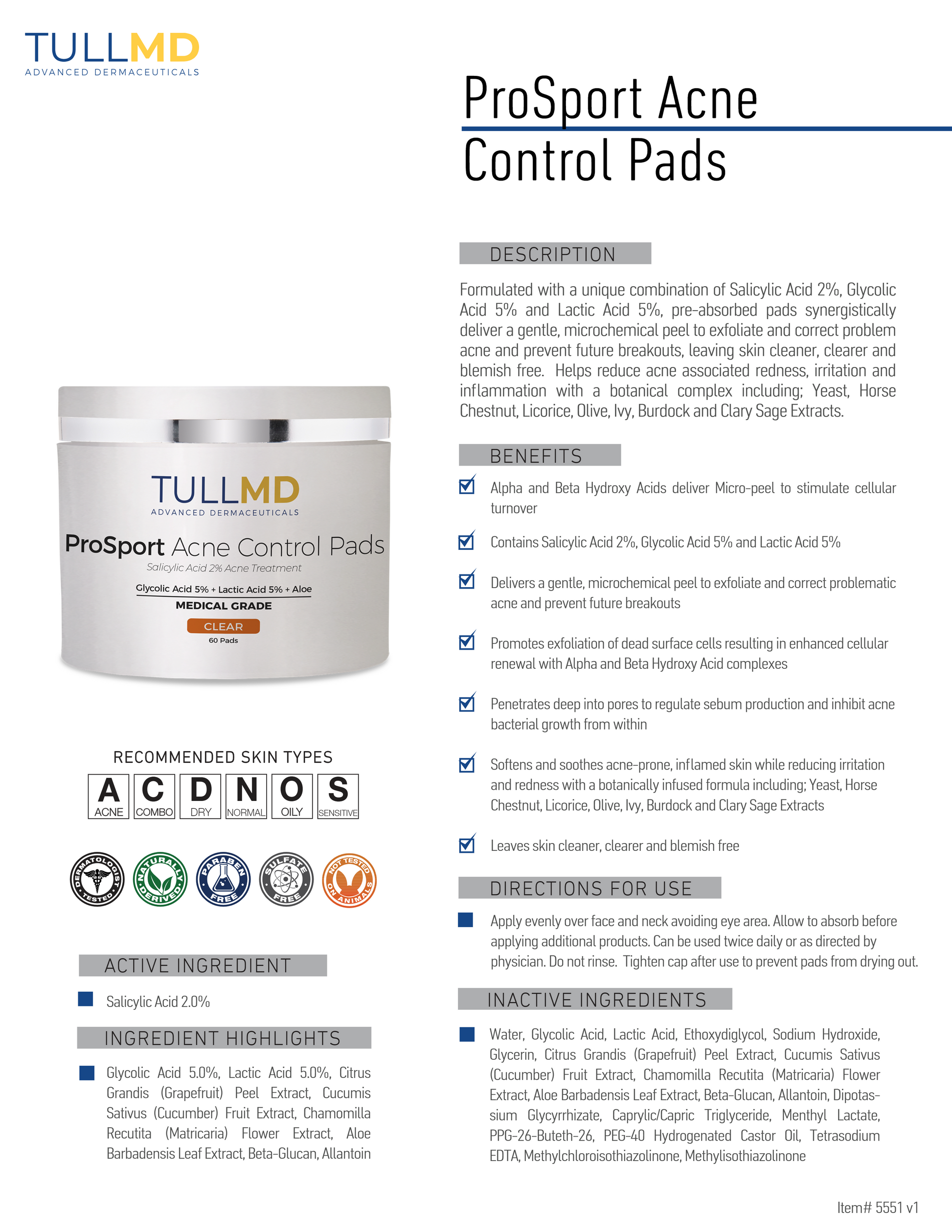 ProSport Acne Control Pads fact sheet